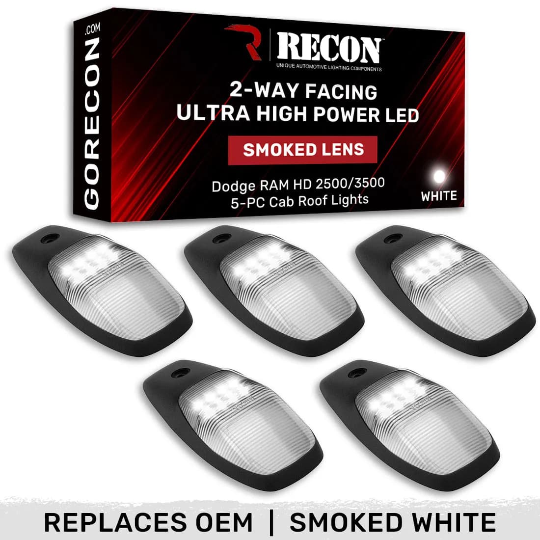 Dodge 19-23 RAM Heavy-Duty 2500 3500 5-Piece Set Smoked Cab Roof Light Lens With 2-Way Forward Rear Facing White Ultra High-Power Leds - Attn Plug-N-Play Replacement For OEM Factory Installed Cab Roof Lights