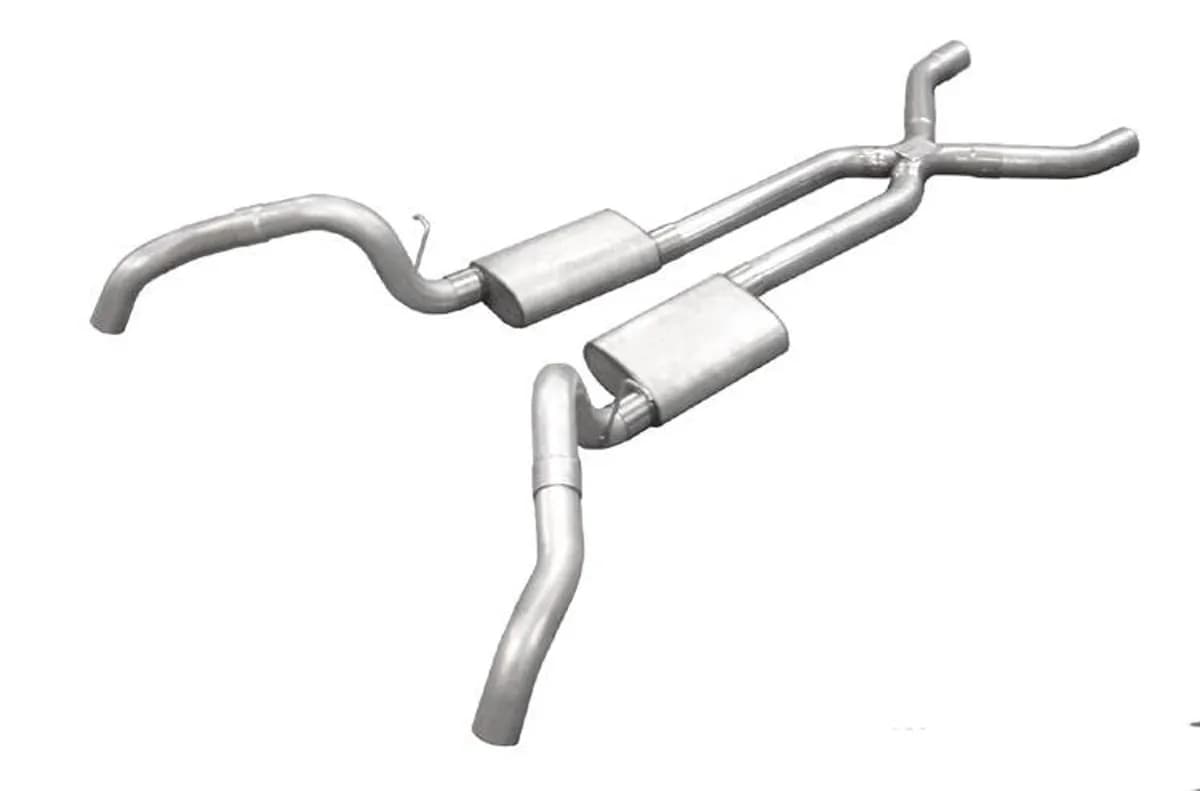 Crossmember Back w X-Pipe Exhaust System 67-69 Split Rear Dual Exit 2.5 in Intermediate Pipe And Tailpipe Turbo Pro Mufflers Hardware Incl Tip Not Incl Pypes Exhaust
