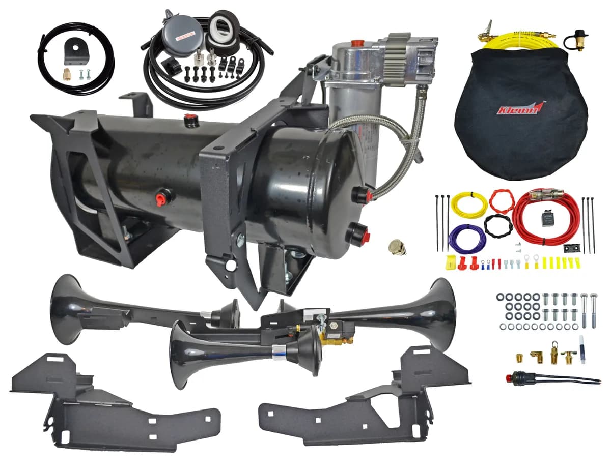 Onboard Air System w/Horns; Includes Triple Black Horns PN[230]/ 150 PSI Air Compressor PN[6350RC]/ 3.0 Gallon Air Tank PN[6350RT];
