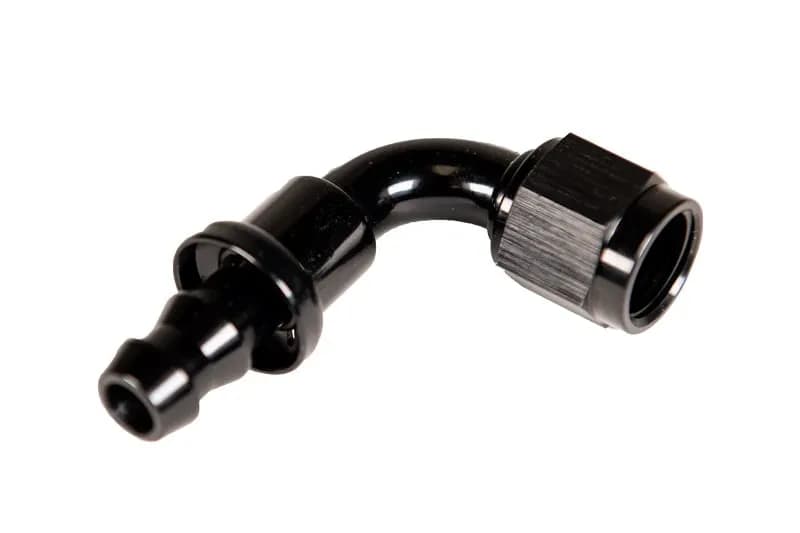 Fleece Performance -10AN 90 Degree to Hose Barb Black Anodized Fitting
