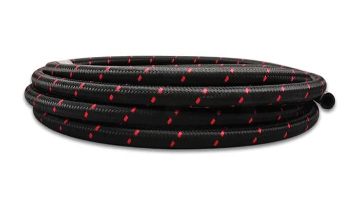 Nylon Braided Flex Hose; -6AN; 0.344 in. Hose ID; 0.5625 in. Hose OD; 500 PSI Operating Pressure; 2000 PSI BP; 10ft. Roll; Black/Red;