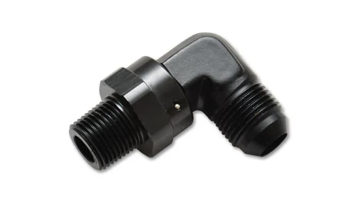 90 Degree Swivel Adapter Fitting; -4AN Male x 0.125 in. NPT Male; 6061 Aluminum; Black Anodized;