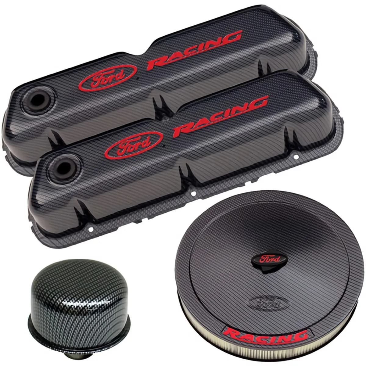 Engine Dress-Up Kit Carbon Finish w/ Red Ford Racing Logo Fits SB Ford Engines Stock Wrap Ford Racing