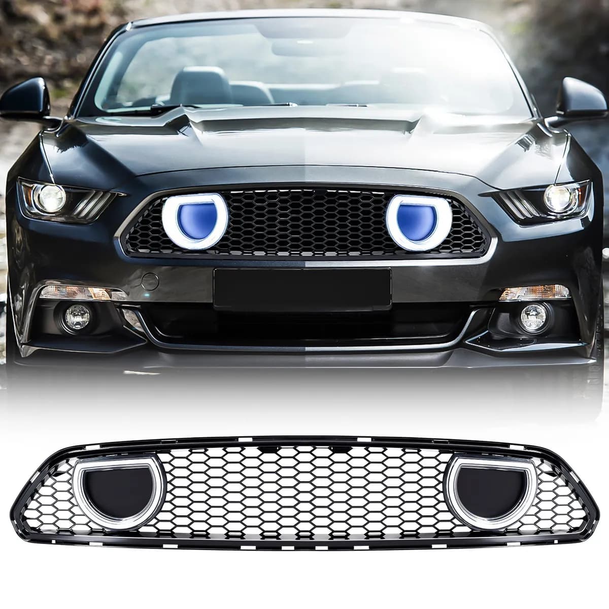 American Modified Amfmca00617 Mach 1 Style Upper Grille With LED DRL And Turn Signal - Glossy Black