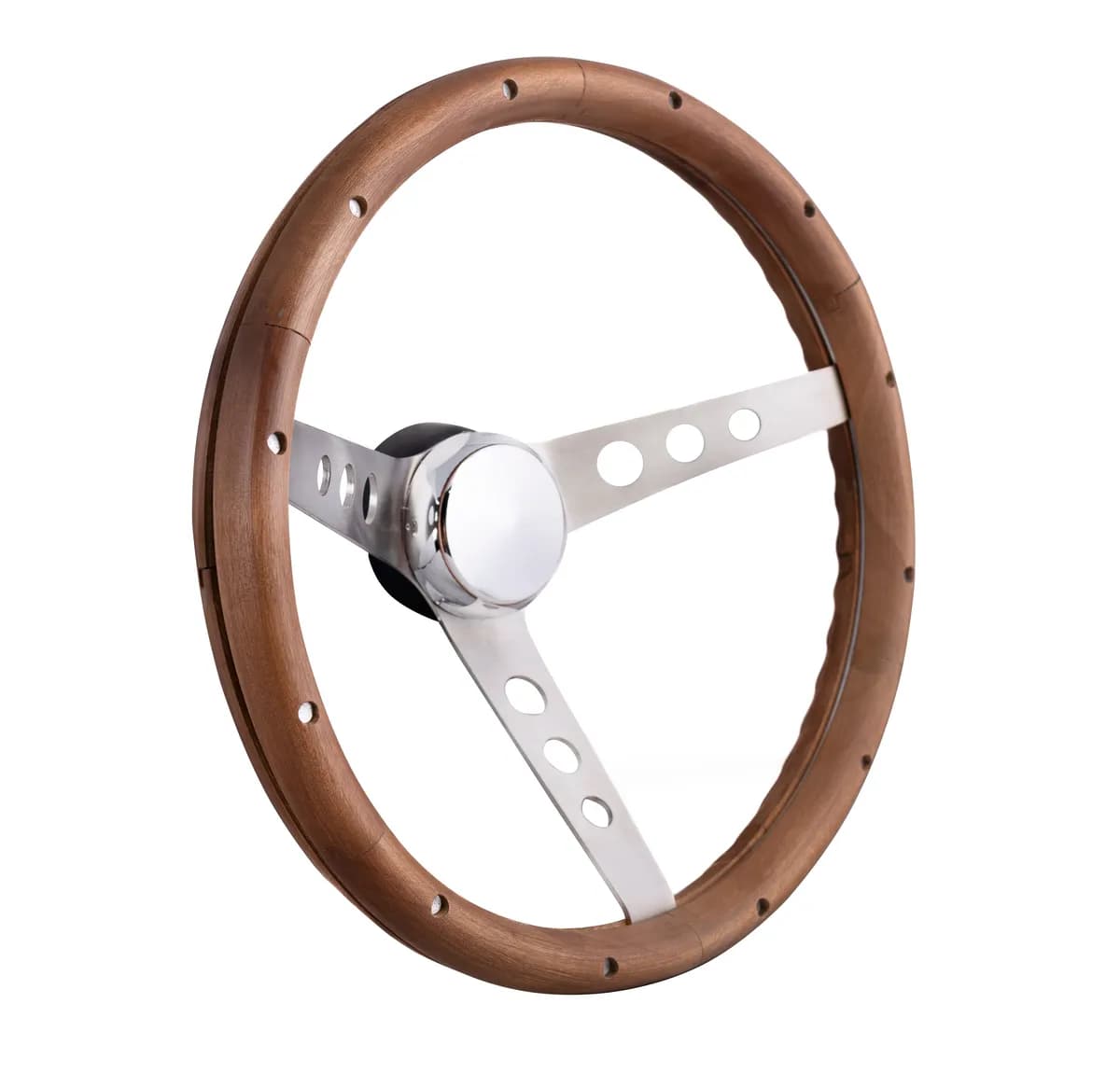 Classic Series Nostalgia Steering Wheel; 15 in. Diameter; 4 1/8 in. Dish; Genuine Walnut Finish w/Finger Grips; Brushed Stainless Steel 3-Spoke Design;