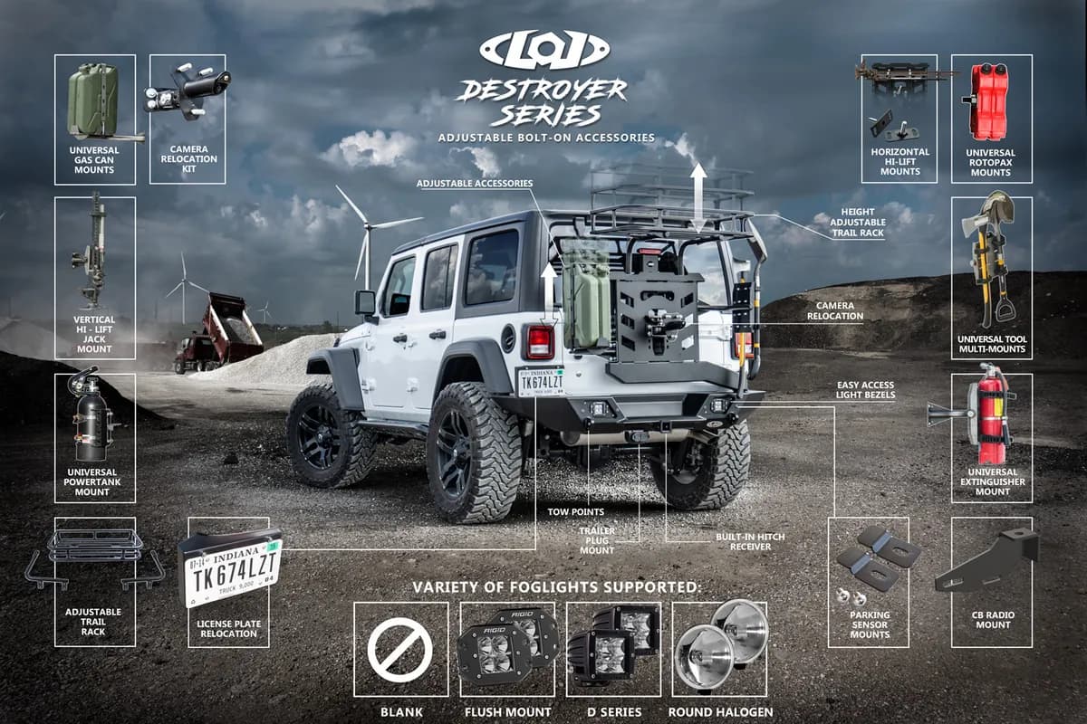 JL Destroyer Shorty Rear Bumper w / Tire Carrier (Black Powder Coated)