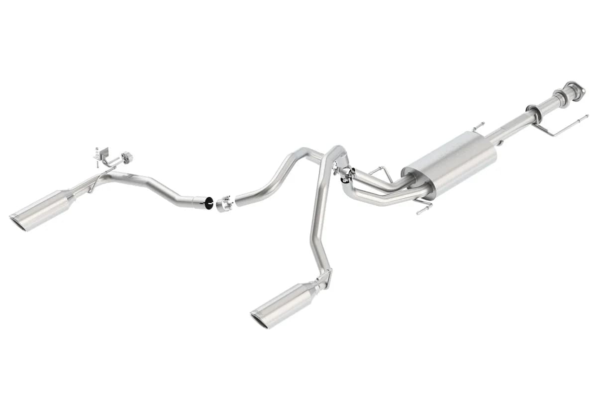 Touring Cat-Back Exhaust System 2.5 in. Into Muffler Dual 2 in. Out Incl. Connecting PipesMufflerHardware4 in. Single Round Rolled Angel Cut Tips Split Rear Exit