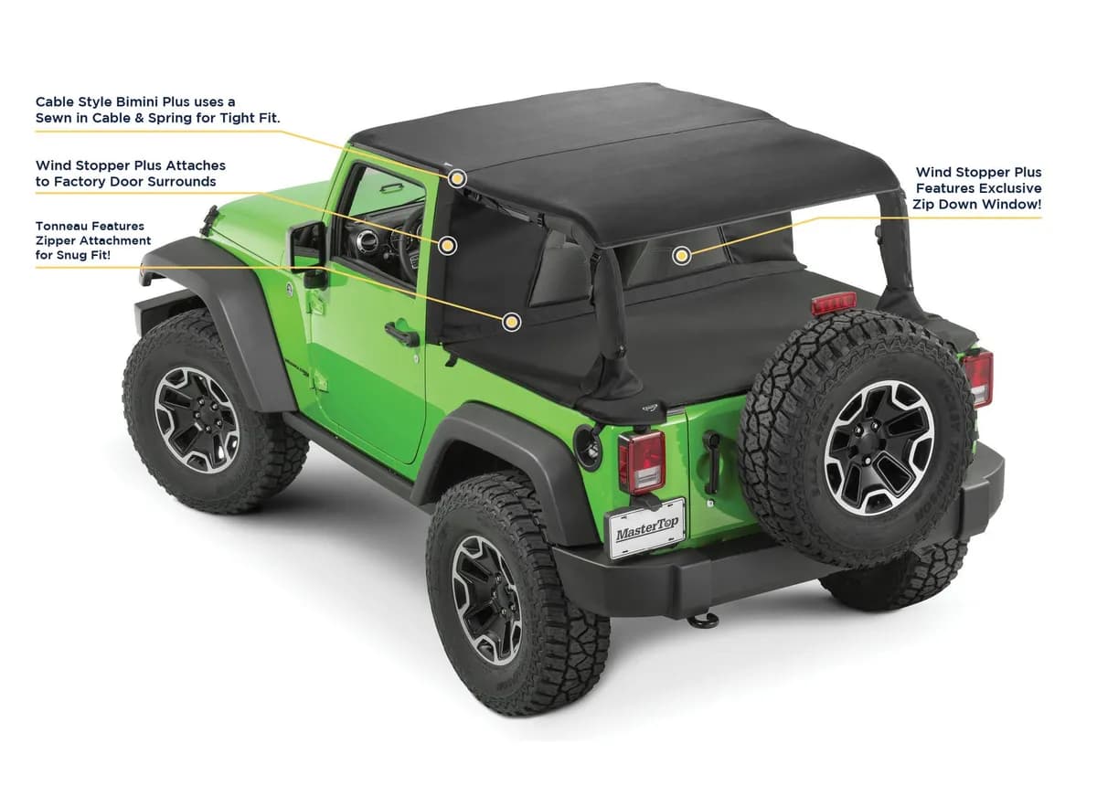 Jeep JK Combo For Soft Top Equipped Cable Style Bimini Top For 10-18 Wrangler JK 2 Door w/s Header WindStopper Plus and Tonneau MasterTop