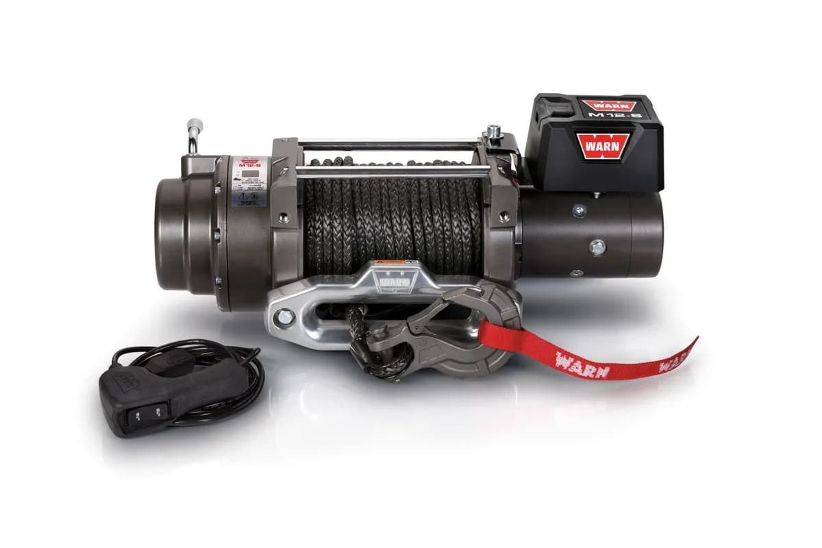 WARN - Vehicle Mounted; Vehicle Recovery Winch; 12 Volt Electric; 12000 Pound Line Pull Capacity; 100 Foot Spydura Synthetic Rope; Hawse Fairlead; Wired Remo