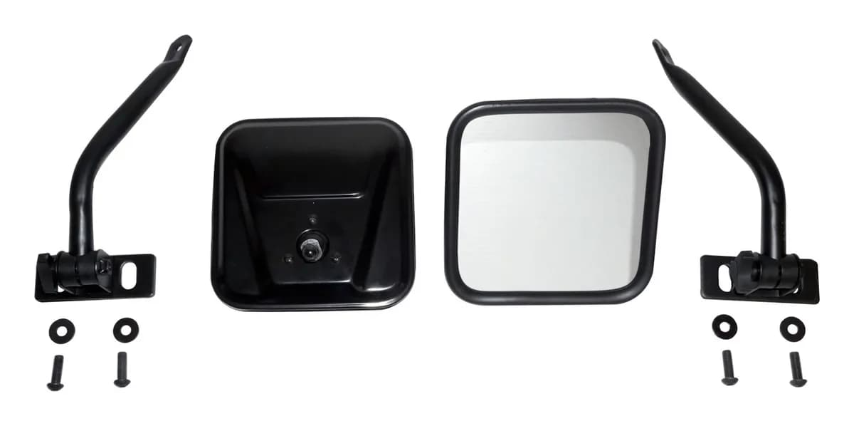 Black Quick Release Mirror Set Quick Release Mirrors w/ Relocation Brackets;includes 2 Mirror Brackets., 2 Mirror Arms, 2 Rectangular Mirror Heads, And Hardware;mounts to The Side of The Upper Windshield Hinge