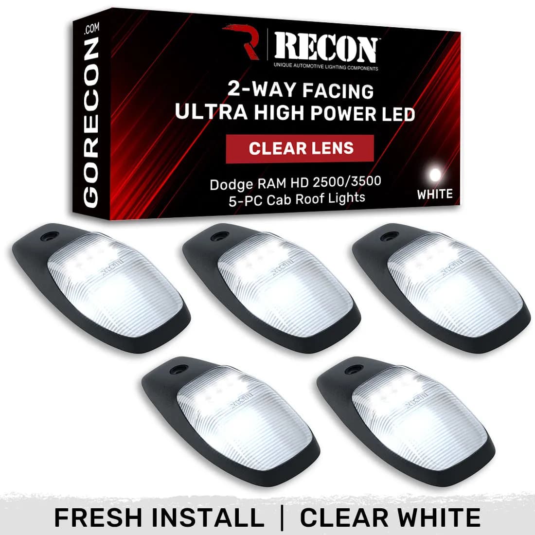 Dodge 19-23 RAM Heavy-Duty 2500 3500 5-Piece Set Clear Cab Roof Light Lens With 2-Way Forward Rear Facing White Ultra High-Power Leds - Attn This Cab Light Set is For a Fresh Install on a Truck That Did Not Come With OEM Cab Roof Lights no Square