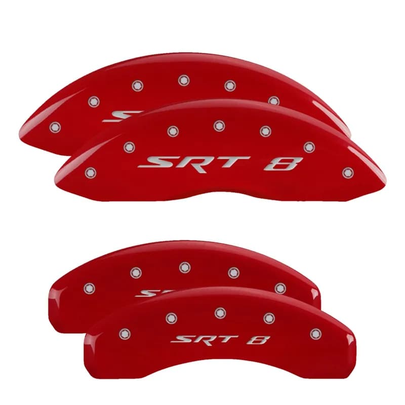 Set Of 4 Caliper Covers Engraved Front And Rear Srt8 Red Finish Silver Characters 2005-2010 Jeep Grand Cherokee MGP Caliper Covers