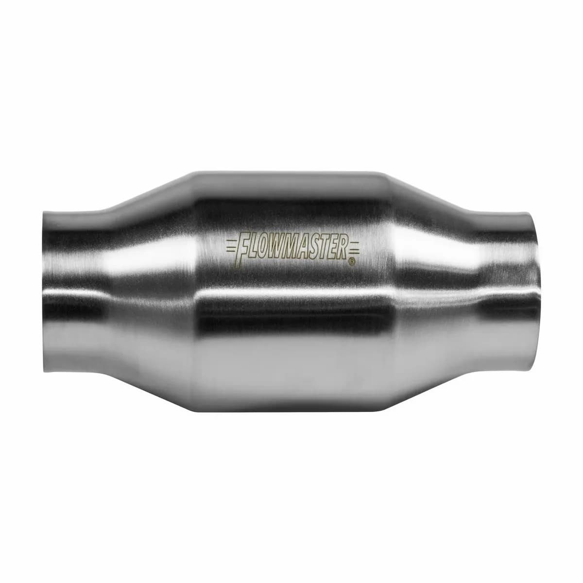 Catalytic Converter Universal-Fit 200 Series Metal High Flow OBDII 2.50in IN / 2.50in OUT: ea Round Body 12.75in Length 4in Dia 49-State Stainless Steel.