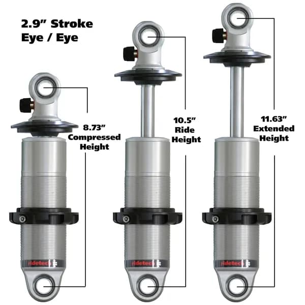 HQ Coil-Over Shock W/ 2.9 Inch Stroke And 1.7 Inch Eye Mount Universal 1 Rebound Adjustable Shockspring Mounts Delrin Spring Washers And Bearing Spacers 1/2 Inch And 5/8 Inch 8.75 Inch X 11.6 Inch W/ A 10.25 -10.5 Inch Ride Height Ridetech