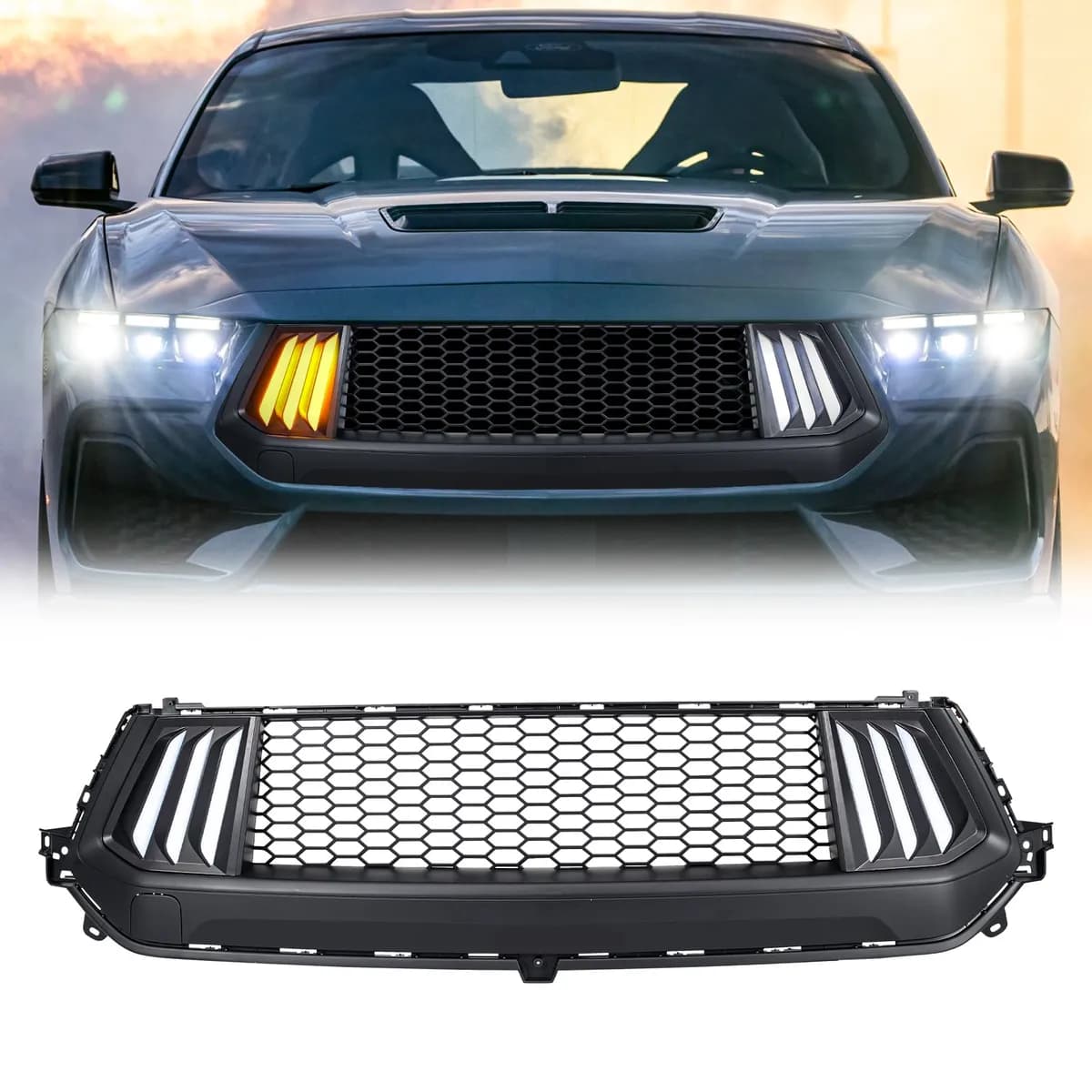 American Modified Amfmca00105 Knife Style Front Upper Grille With LED DRL And Turn Signals - Matte Black