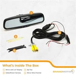 10 in. Mirror w/4.3 in. Color Display; Full Color Embedded Screen; 2 RCA Inputs w/Trigger Wires; No Parking Gridline Overlay-Can Be Supplied From Aftermarket Camera;