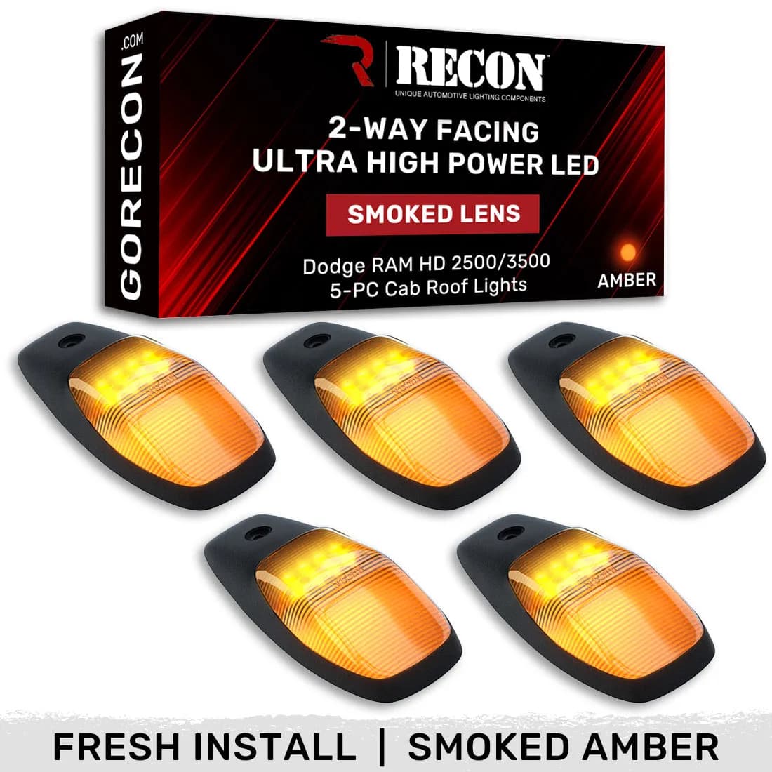 Dodge 19-23 RAM Heavy-Duty 2500 3500 5-Piece Set Smoked Cab Roof Light Lens With 2-Way Forward Rear Facing Amber Ultra High-Power Leds - Attn This Cab Light Set is For a Fresh Install on a Truck That Did Not Come With OEM Cab Roof Lights no Square