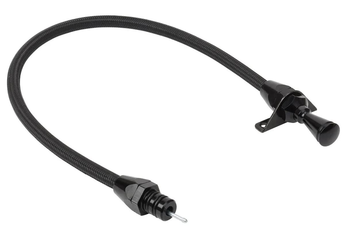 Hi-Tech Flexible Braided Transmission Dipstick; 24 in.; Firewall Mount; Incl. Flexible Inner Dipstick/Funnel Adapter/Braided Black Stainless Outer Housing; Black Finish;