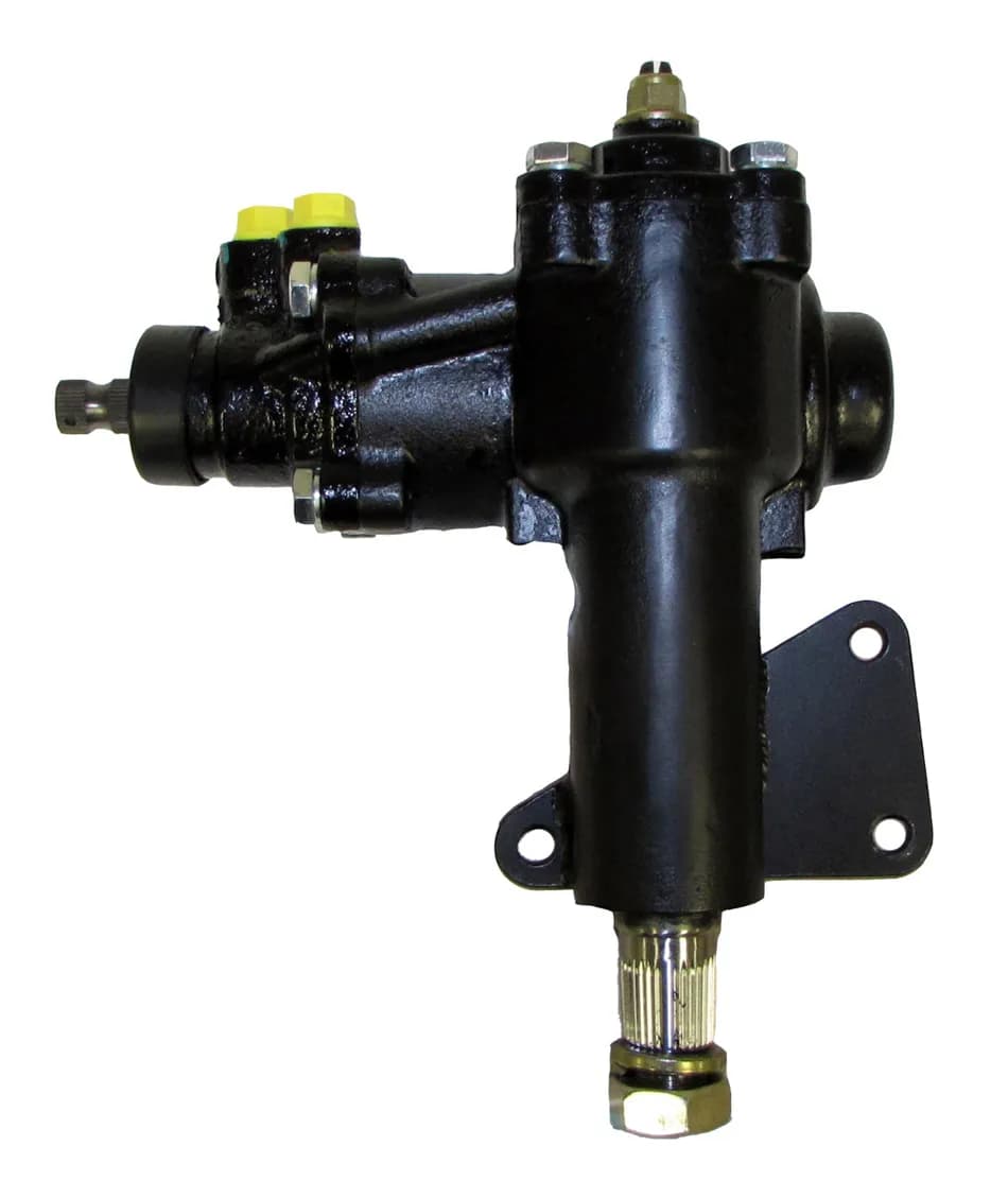 Power steering conversion box for 66-77 Ford Mid-Size cars. 1-1/8in. sector shaft. New modern power steering box with a quick 14:1 ratio and modern feel. 11/16in.-36 spline input shaft. Hose fittings are 16mm X 1.5 flare.