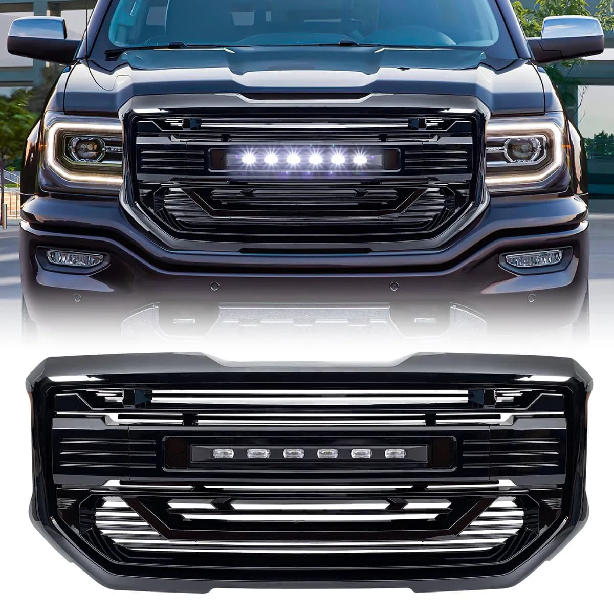 Armor Grille W/ Off-Road Lights & Outer Frame Surround - Glossy Black For 2016-2018 GMC Sierra 1500
