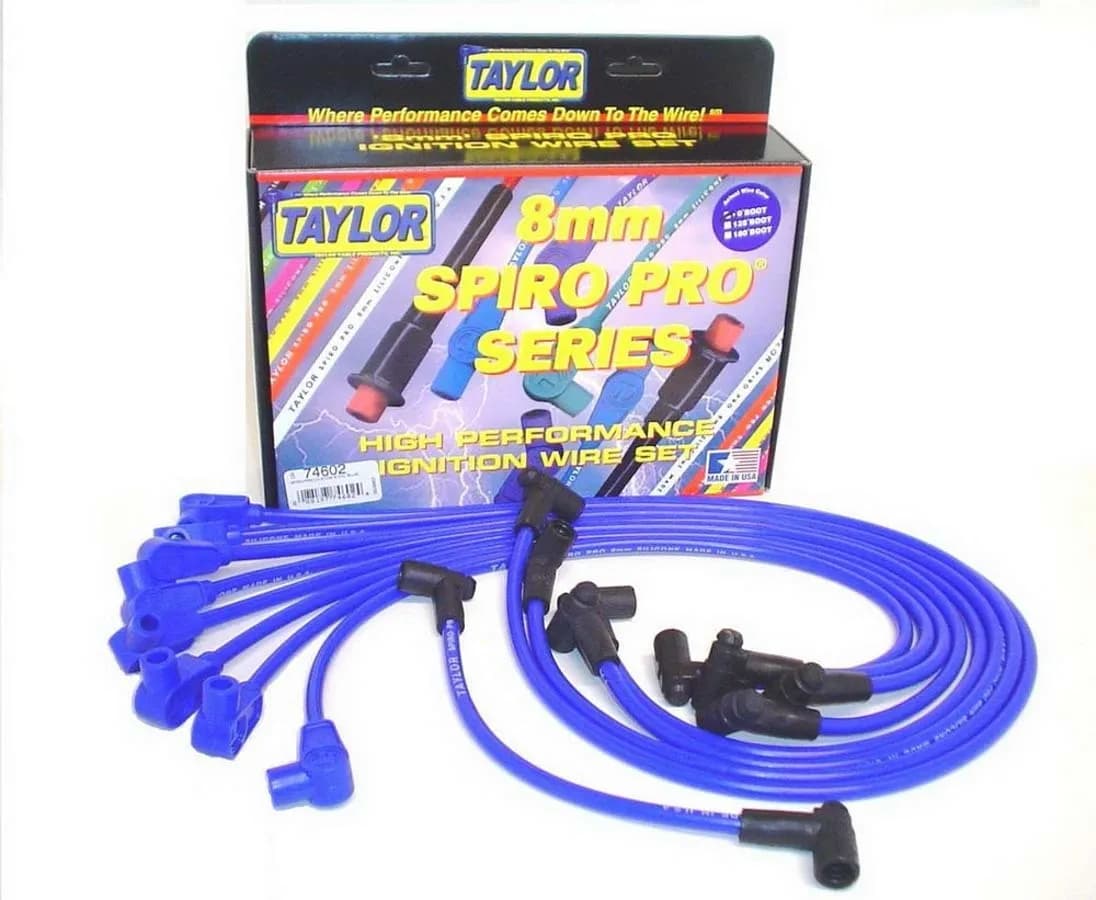 Taylor Cable 1975-92 Chevy Small Block HEI 8mm Spiro-Pro Spark Plug Wire Set - Blue - 90° Spark Plug Boot Angle - 74602