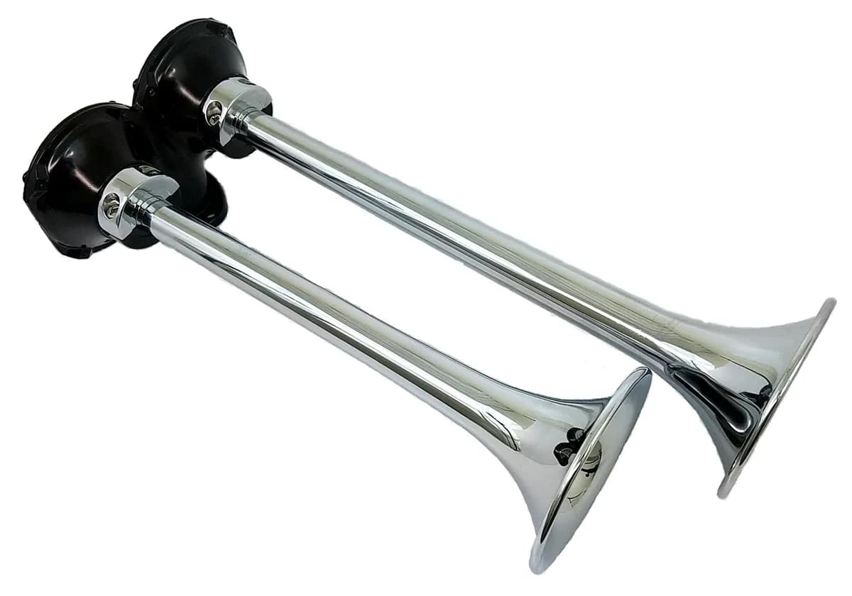 Roof Mount Dual Horn; 13.5 in. / 11.25 in. Trumpets; Chrome Plated Spun Copper; [Available While Supplies Last];