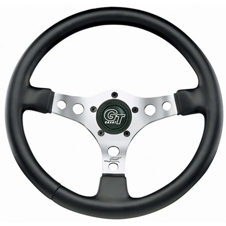 Formula GT Steering Wheel; 14 in. Diameter; 3 1/2 in. Dish; Black Leather Grained Vinyl; Polished 3-Spoke Design;