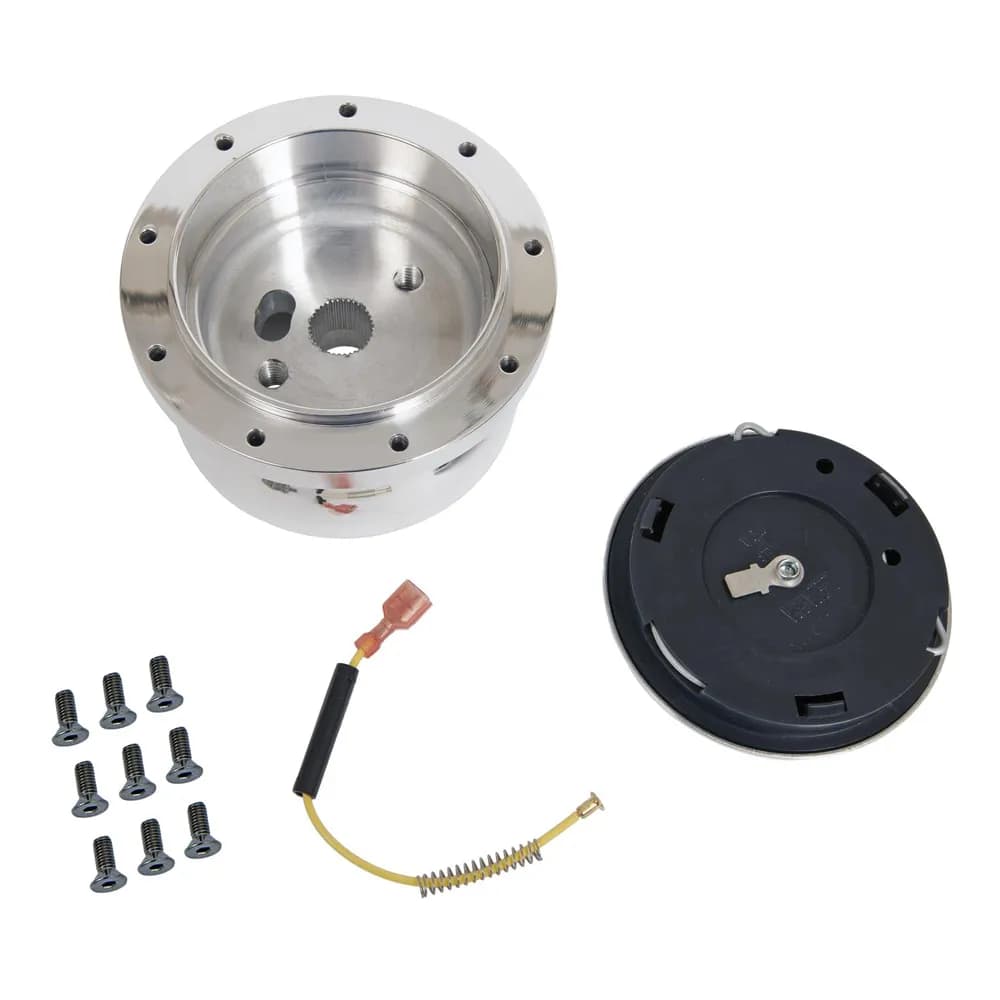 Steering Wheel Hub Adapter; Fits w/67-94 GM; 9 Bolt; Polished Billet Aluminum; w/Aluminum Covered Plastic Horn Button;