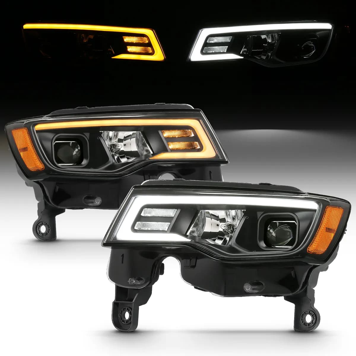 Jeep Grand Cherokee 17-22 Projector Switchback LED Plank Style Headlights Black (Not For HID Models)