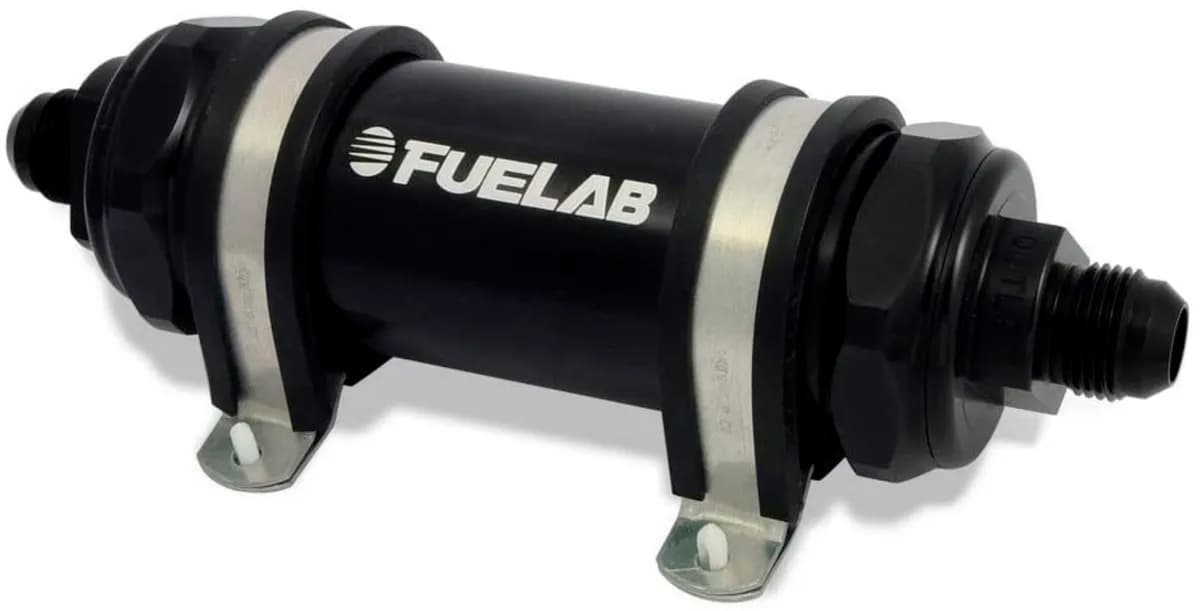 In-Line Fuel Filter Long Length -6AN Inlet/Outlet 10 Micron Replaceable Fabric Element Black FUELAB