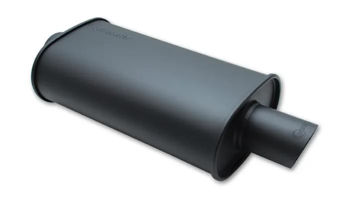 STREETPOWER Flat Black Oval Muffler; Single Angle Tip; 2.5 in. Inlet ID; 3 in. Tip OD; 5 in. H; 9 in. W; 4 in. Tip L; 15 in. Body L; 20 in. Overall L; Single Outlet;