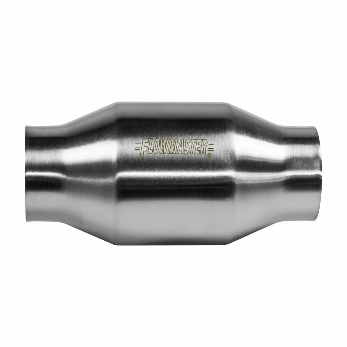 Catalytic Converter Universal-Fit 200 Series Metal High Flow OBDII 3.00in IN / 3.00in OUT: ea Round Body 14in Length 5in Dia 49-State Stainless Steel.