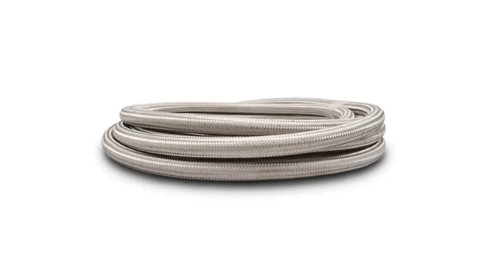 Stainless Steel Braided Flex Hose; -8AN; 0.4375 in. Hose ID; 0.6875 in. Hose OD; 1000 PSI Operating Pressure; 5000 PSI BP; Natural; 50 ft. Roll;