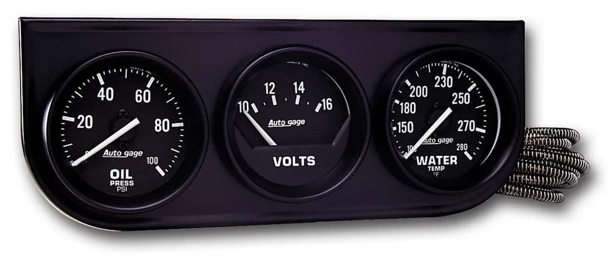 Autometer 2397 Gauge Console, Oilp/Wtmp/Volt, 2, 100psi/280?f/18v, Mech Blk Dial, Blk Bzl, ag