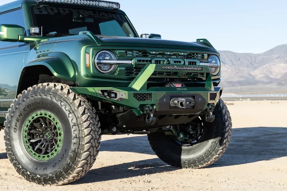 Freedom Front Bumper Baja For 2021-2025 Ford Bronco Winch Mount Sensor Cutouts With Camera Harness + Pod Texture Black Powdercoat Bodyguard Bumpers