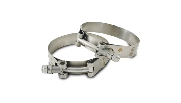 T-Bolt Clamps; 2.28 in. To 2.51 in. Clamp Range; 2 in. Matching Hose ID; 304 Stainless Steel; Pack Of 2;