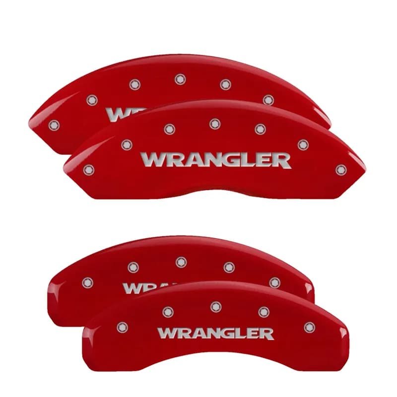 Set of 4 Caliper Covers Engraved Front And Rear Wrangler JL Bry Brake Code Red Finish Silver Characters 2018-2024 Jeep Wrangler JL Bry Brake Code Mgp Caliper Covers