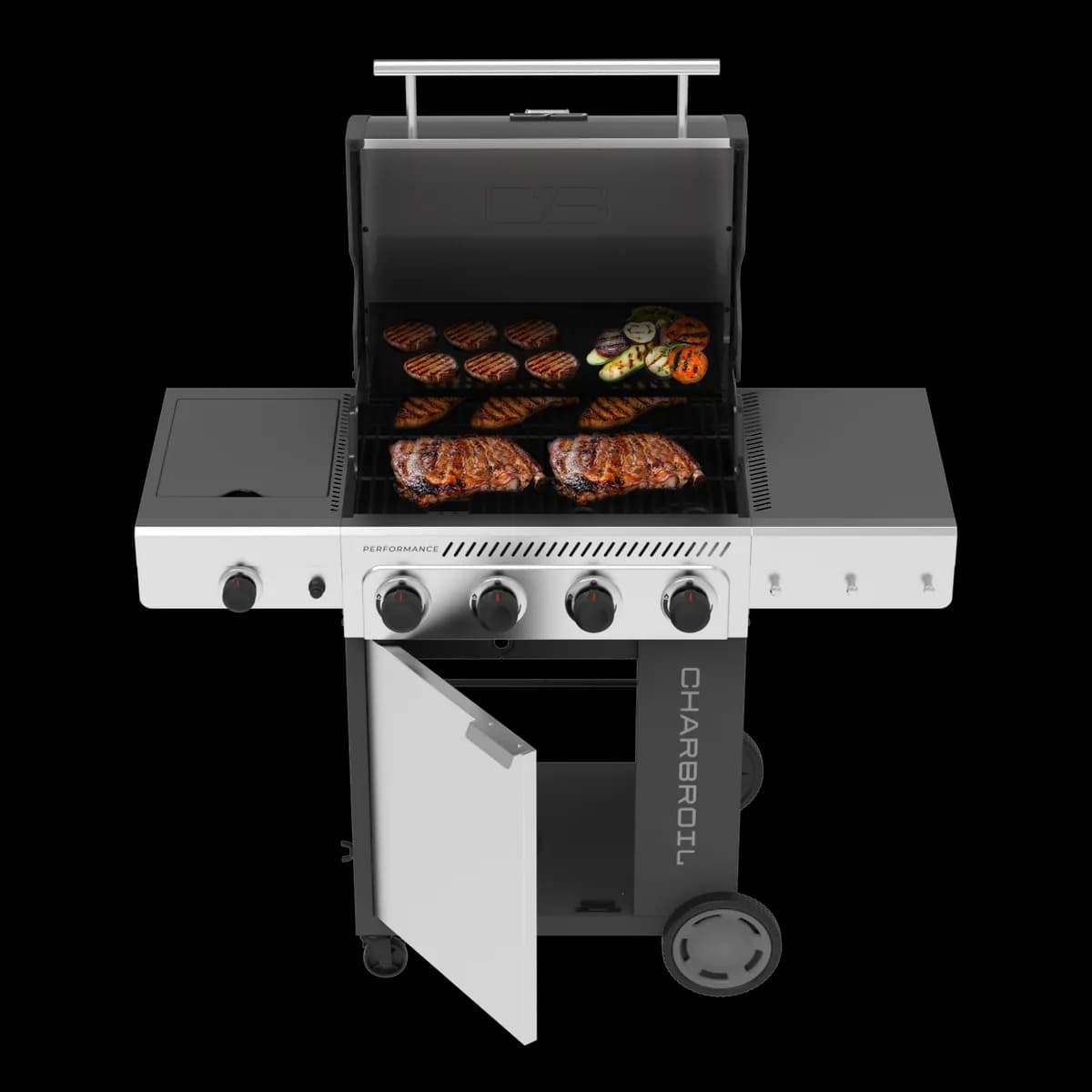 Performance Series™ FlavorMax™ 4 Burner Gas Grill Cabinet with Side Burner Gray Stainless