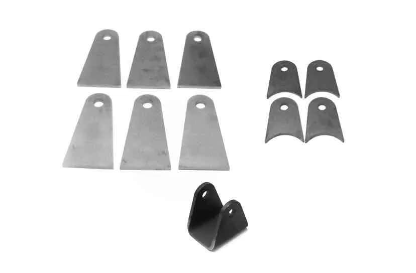 Steinjäger Tabs and Clevises, Weld On 4 Link Tab and Clevis Kits 0.625 Bore 4.00 Axle Diameter 4 Axle Tabs 3.00 Inches Long 6 Flat Tabs 4.00 Inches Long 1 Clevis with 2.50 Inch Jaw