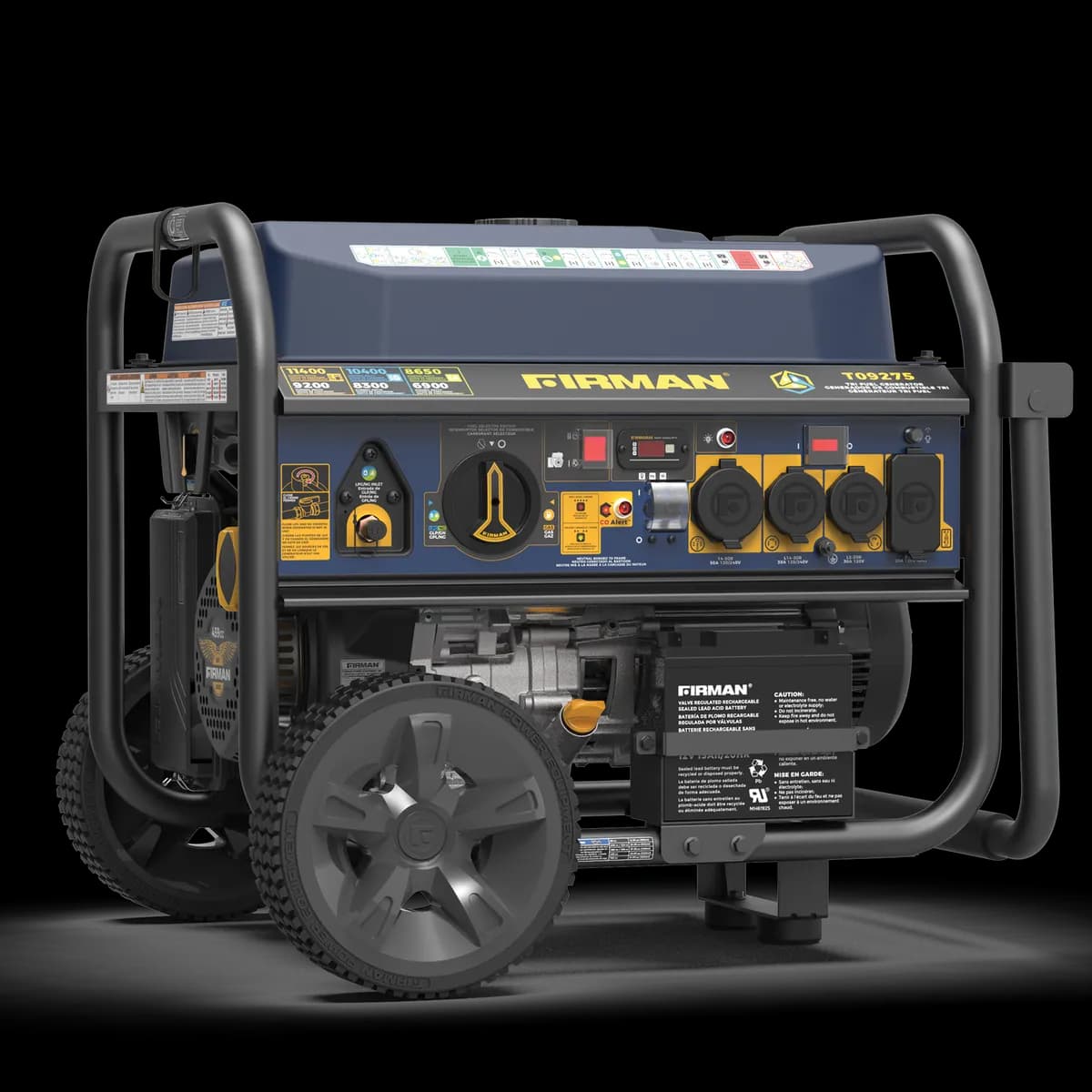 Tri Fuel Portable Generator 11400/9200w Electric Start Wheel Kit co Alert Black/Gold