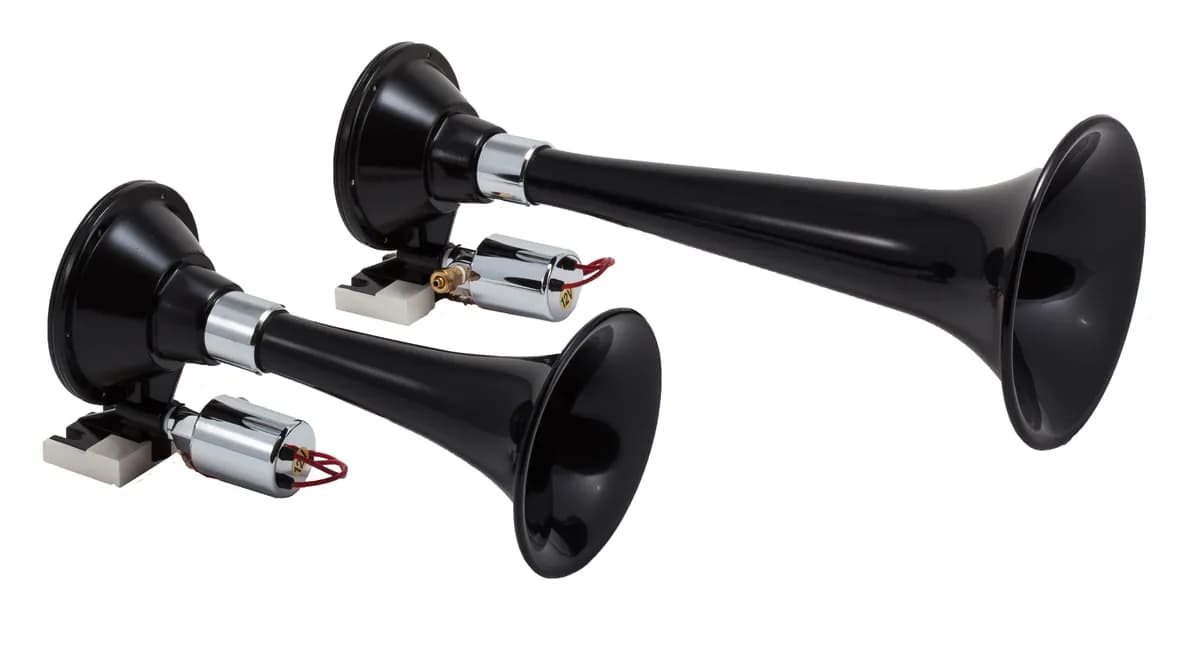 Black Dual Horn; 13 in. / 8 in. High Impact ABS Trumpets; Zinc Alloy Base;