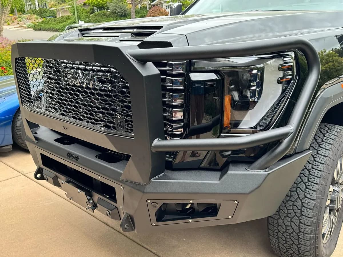 A2 Front Bumper Extreme For 2024-2026 Sierra 2500/3500 HD Sensor Cutouts With Mesh Grill With Camera Harness Texture Black Powdercoat Bodyguard Bumpers
