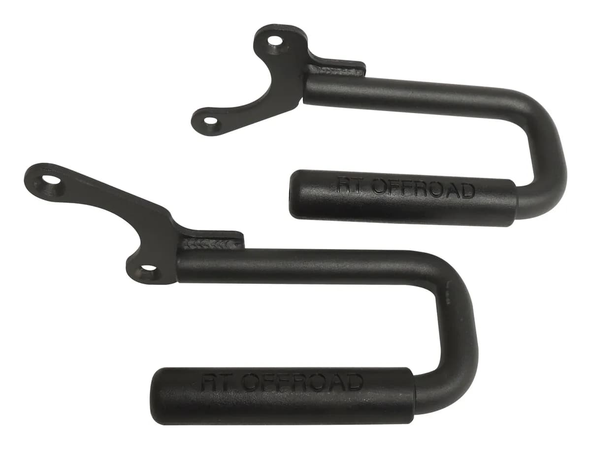 1987-1995 YJ Wrangler Grab Handle set Black Powder Coated Steel Front Grab Handle Set Mounts on Top of the Windshield Frame Includes 2 Steel Handles w Rubberized Plastic Grips
