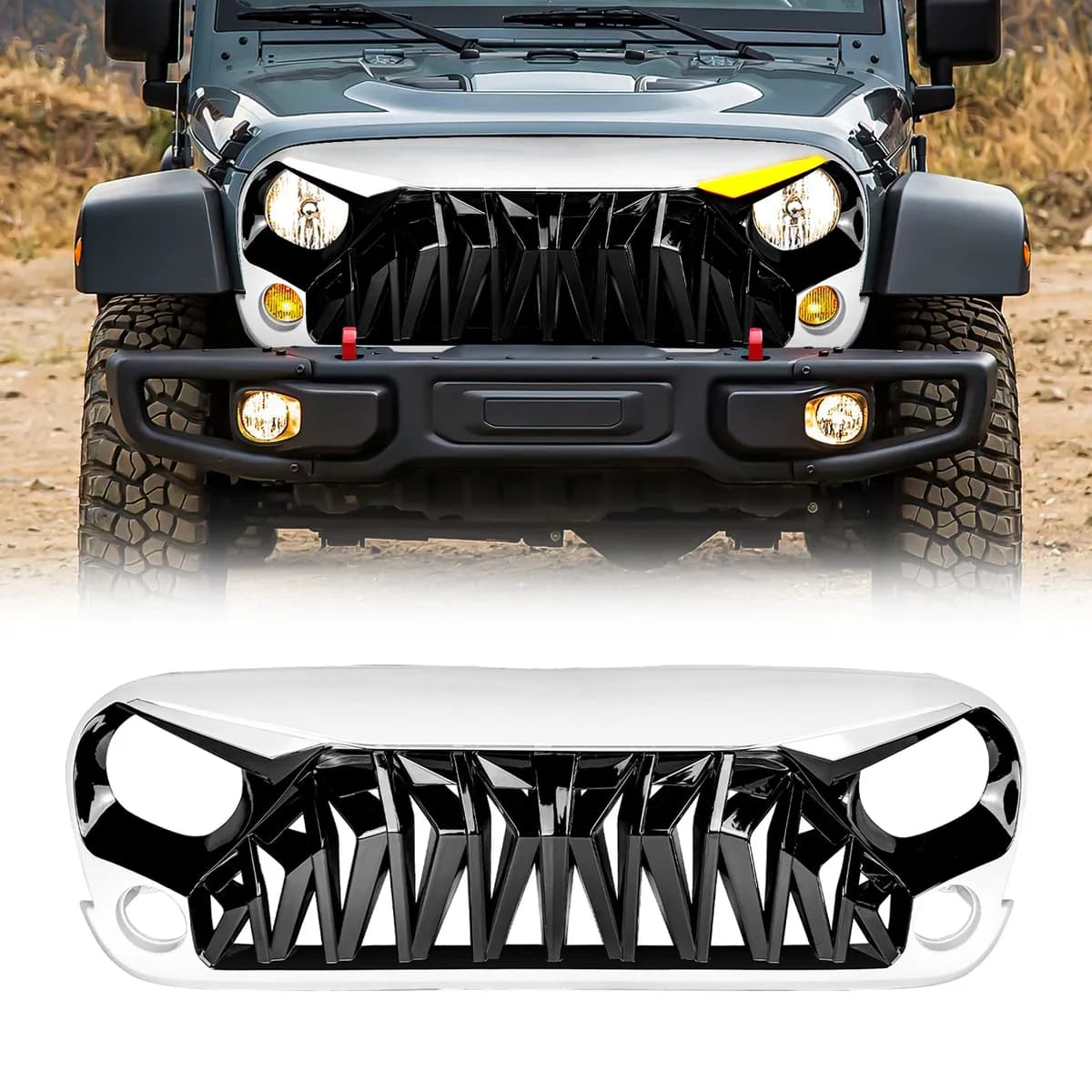 Shark Grille W/ LED Eyebrow DRL and Turn Signals - White & Black For 07-18 Jeep Wrangler JK