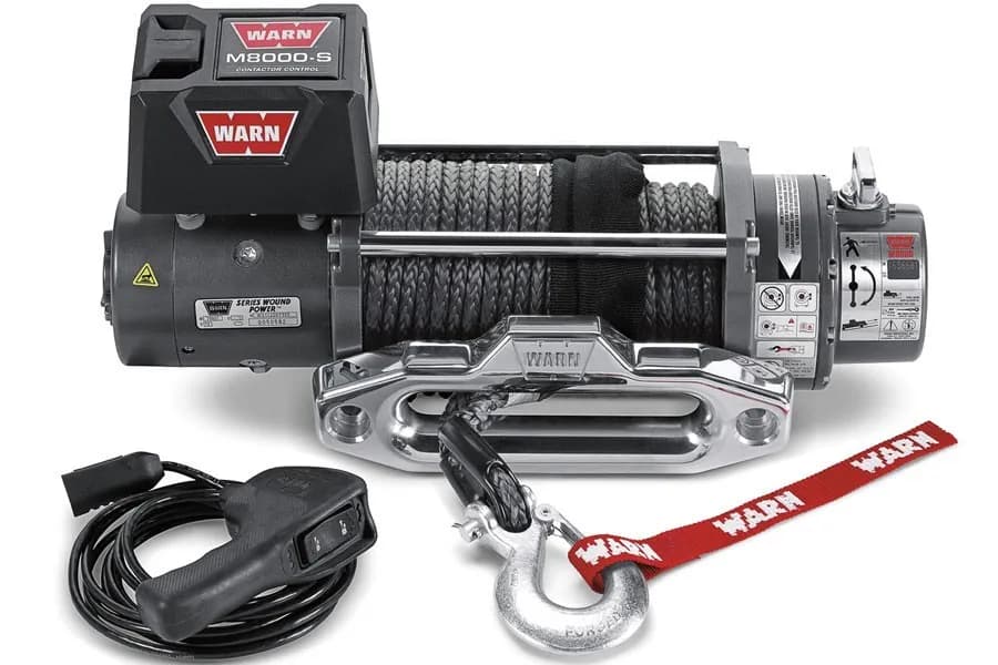 WARN - Vehicle Mounted; Vehicle Recovery Winch; 12 Volt Electric; 8000 Pound Line Pull Capacity; 100 Foot Synthetic Rope; Hawse Fairlead; Wired Remote; Plane