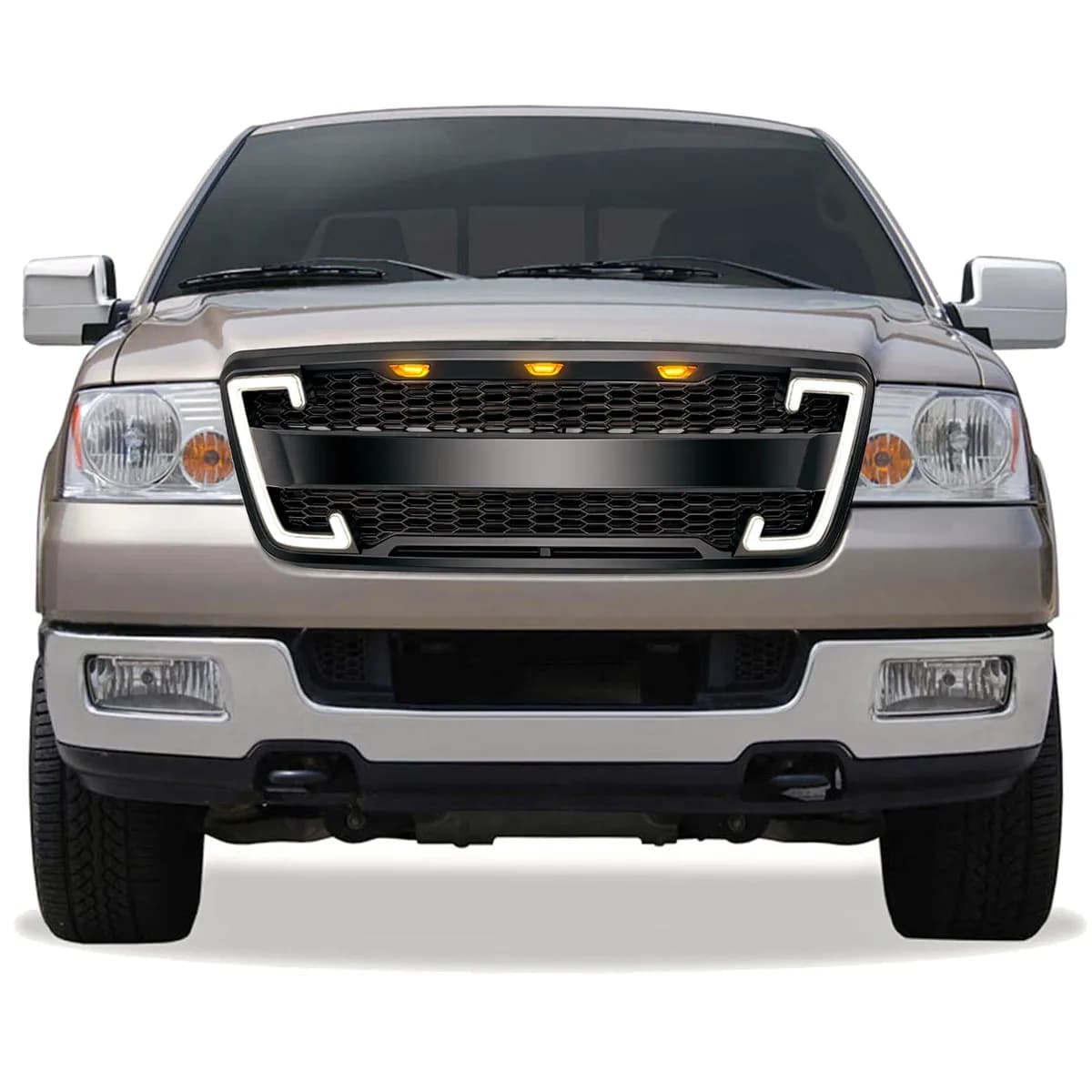 Raptor Style Mesh Grille W/ DRL & Turn Signal Lights - Matte Black For 2004-2008 Ford F150