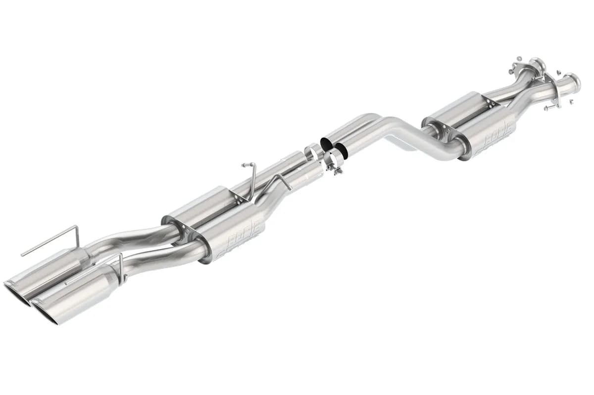 S-Type Cat-Back Exhaust System 2.75 in. Incl. Connecting PipesMufflersMtg. Hardware5 in. Round x 16 in. Long Dual Rolled Angle-Cut Tip Dual Center Rear Exit wo Hitch