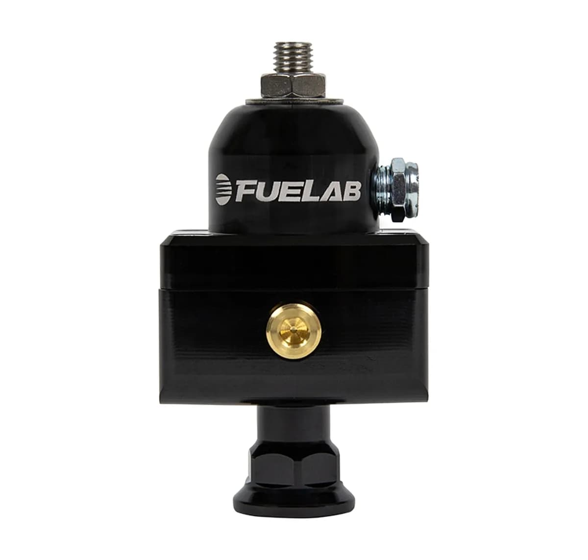 Universal High Pressure Adjustable Fuel Pressure Regulator Blocking Style Mini 25-65 psi (1) -6AN Inlet (2) -6AN Outlets Black FUELAB