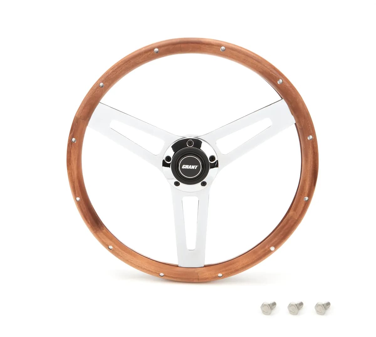 Classic Series 5 Style Steering Wheel; 14 1/2 in. Diameter; 2 3/4 in. Dish; Genuine Hardwood Rim w/Finger Grips/Rivets; Chrome Steel 3-Spoke Design;