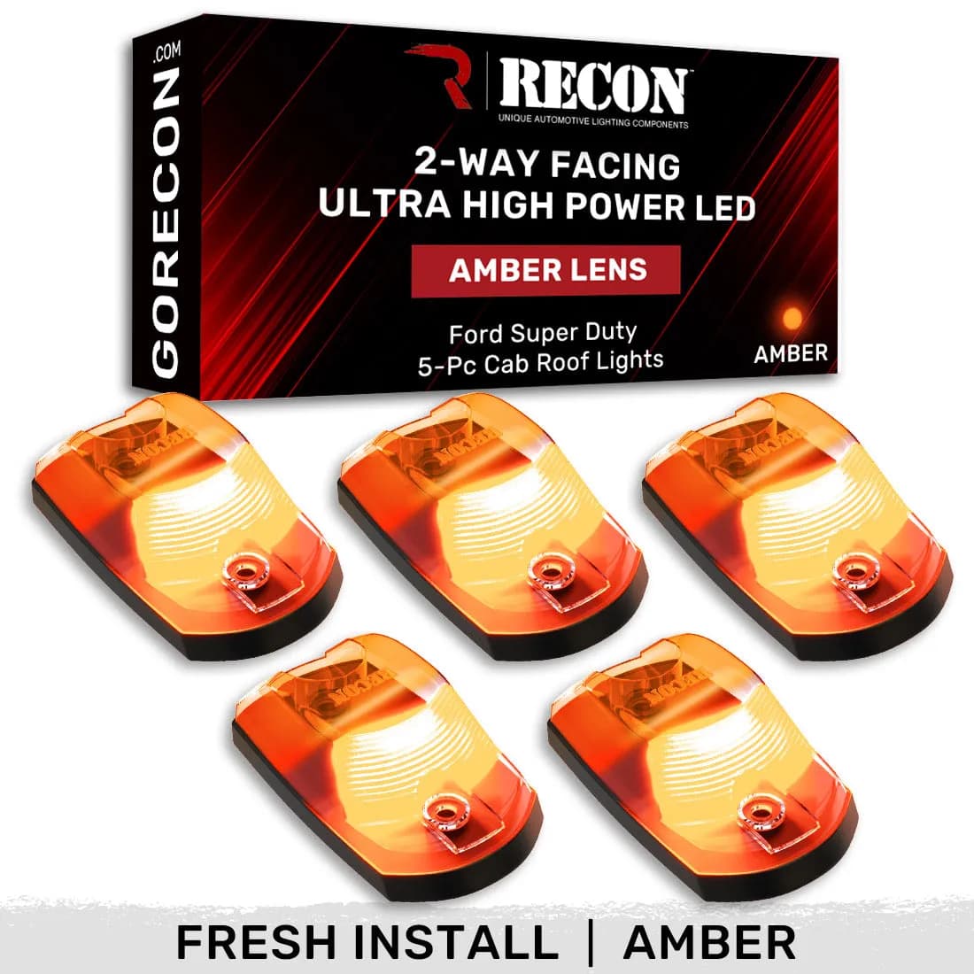 Ford 17-23 Superduty 5-Piece Set Amber Cab Roof Light Lens With 2-Way Forward Rear Facing Amber Ultra High-Power Leds - Attn This Cab Light Set is For a Fresh Install on a Truck That Did Not Come With OEM Cab Roof Lights no Square Hole Required - on